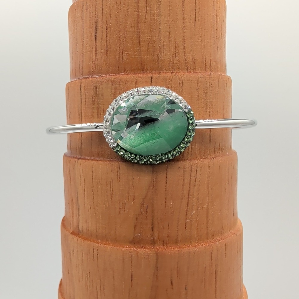 Swarovski Swan Signed Green Crystal Silver Tone Rhodium Plated‎ Bangle Bracelet - Picture 4 of 14